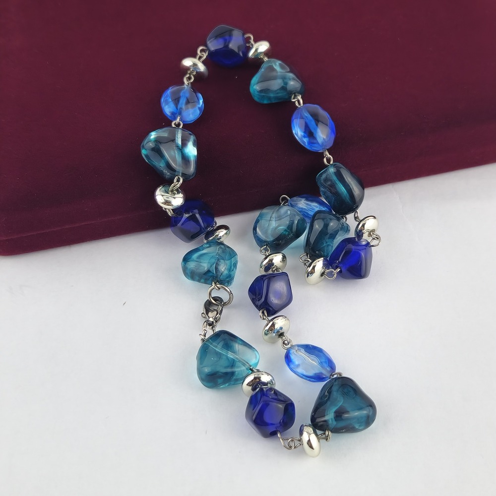 Vintage‎ Blue Chunky Resin Pebble Bead Necklace Silver Tone Statement